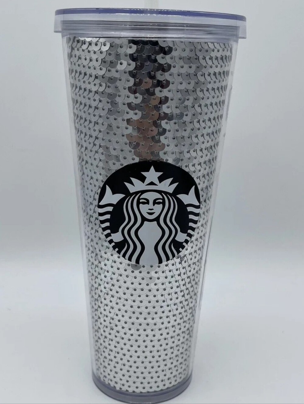 Starbucks Silver Sequin Travel Tumbler Black logo Limited Edition 24oz
